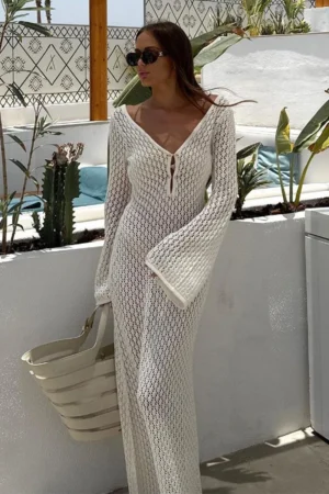 White Long Knit Sleeve Bikin Fashion Cover up Female See-Through Deep V-Neck Hollow-Out Beach Knitwear Backless Dress