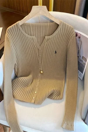 Chic Fashion Knitted Tops Women Rib Knitted Slim Elastic Single-breasted Pullover Sweaters