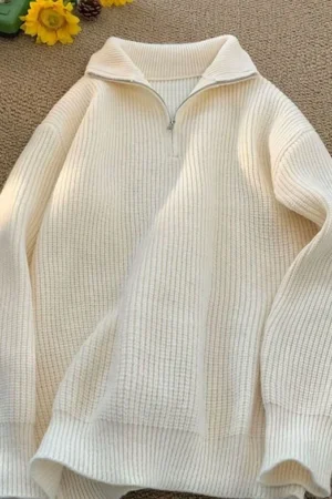 Autumn Winter Half Zipper Sweater for Men Knitted Thickened Vintage Solid Color Comfortable 2