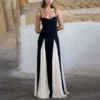 Sling Contrast Color Women's Dress V Neck Elegant Party Dress Fashion Pullover Patchwork Dress 3