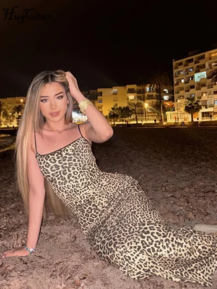 Leopard Print Slips Backless Sexy Bodycon Maxi Dress Summer Women