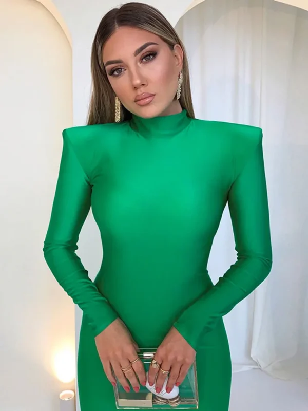 Shoulder Padded Long Sleeve Bodycon Maxi Long Dress 2
