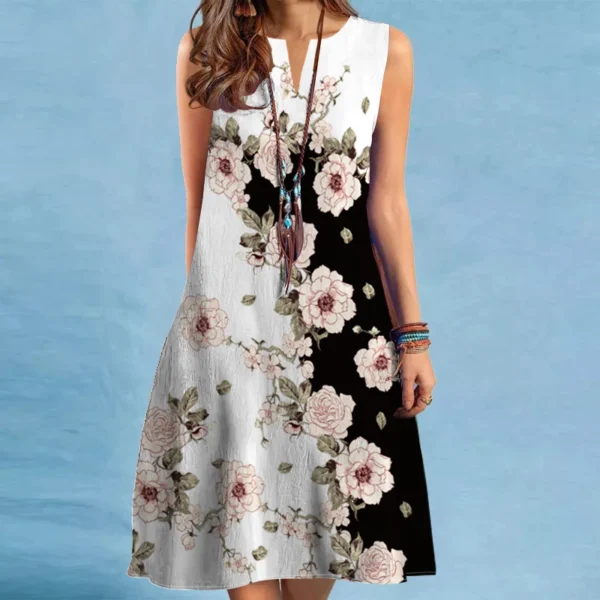 2025 European and American Cross Border Women's New Dress V-neck Sleeveless Sexy Printed Large Hem Foreign Trade Dress