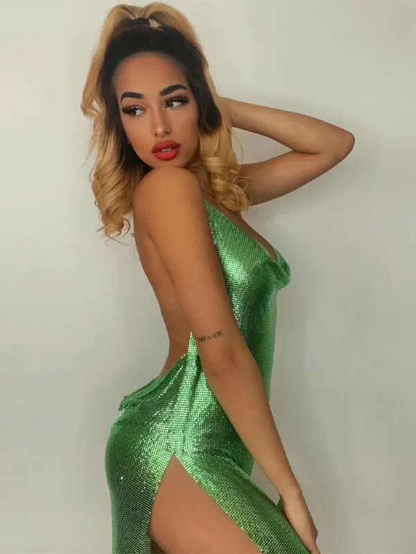 Sexy Bodycon Mini Dress for Women Bling Glitter Evening Prom Women Halter Side Slit Backless 4