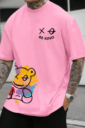 Casual Men's "Be Kind" Cartoon Print T-Shirt - Loose Fit Cotton