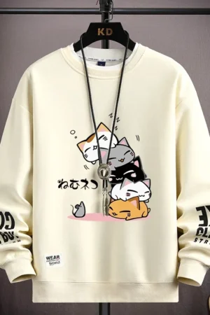 Men's Spring Fashion Sweatshirt - Japanese Cartoon Cat Print Long Sleeve Top