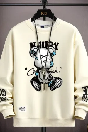 Cool Bear Print Men's Sweatshirt | Khaki O-Neck Long Sleeve T-Shirt | Autumn Fashion | Harajuku Design