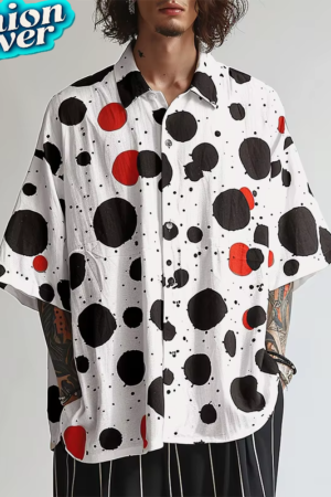 Men's Black & White Polka Dot Shirt | Loose Fit | Half Sleeve