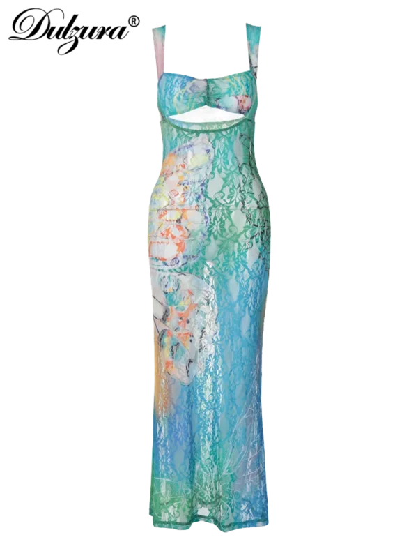Lace Print Cut Out Maxi Dress Bodycon Sexy Party Club Y2K Outfits Streetwear Bandage Dress 6