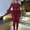 Sparkly Rhinestone Jumpsuit | Off-Shoulder Long Sleeve Romper