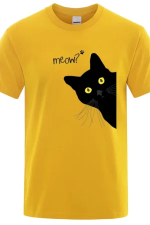 Black Cat Print T-Shirt - Funny Meow Design, Men's Loose Fit Summer Top