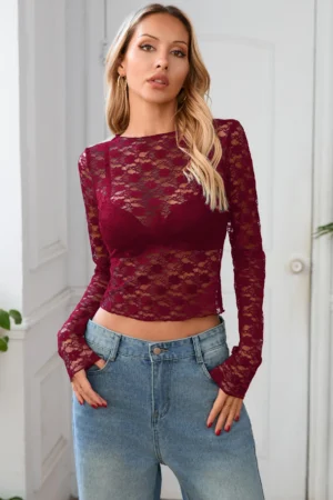 See-Through Lace Crop Top | Long Sleeve Bodysuit for Women | Sexy Clubwear | Spring Summer Party Top