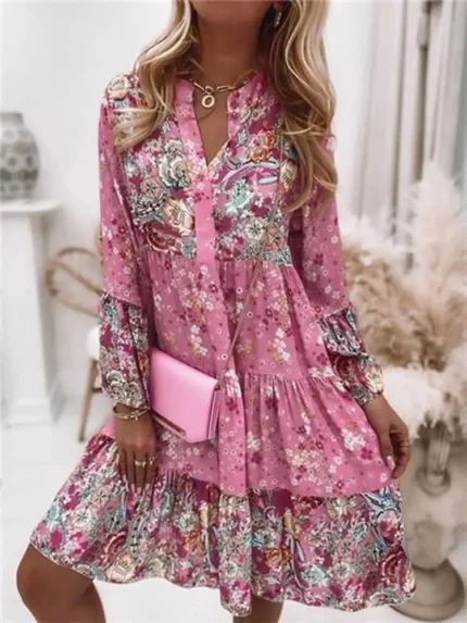 Women's Floral Print Boho Dress | Casual V-Neck A-Line Dress for Spring & Summer 2024 | Beach & Party Dress