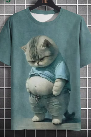 Funny Cat Graphic T-Shirt - Men's Casual Short Sleeve Oversized Tee