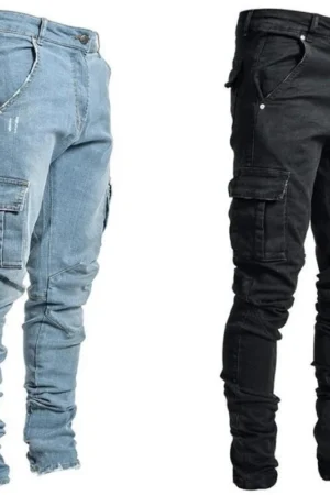 Men's Elastic Denim Cargo Joggers - Slim Fit Streetwear Pants with Multiple Pockets