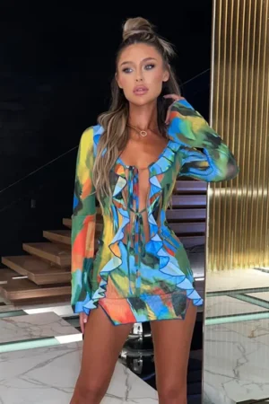 Sexy Tie Dye Ruffle Mini Dress for Women - Summer Beach Bodycon Sundress