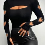Women's Beaded Cutout Long Sleeve Blouse | Sexy Skinny Top | Fall/Winter Fashion