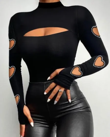 Women's Beaded Cutout Long Sleeve Blouse | Sexy Skinny Top | Fall/Winter Fashion