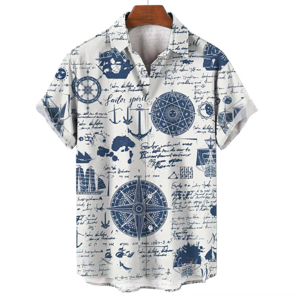 Men's Short Sleeve Nautical Compass Anchor Print Shirt - Summer Fashion Casual Loose Fit Top - S-5XL