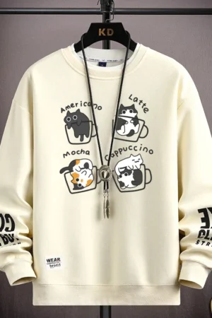 Men's Spring Fashion Sweatshirt - Japanese Cartoon Cat Print Long Sleeve Top 2