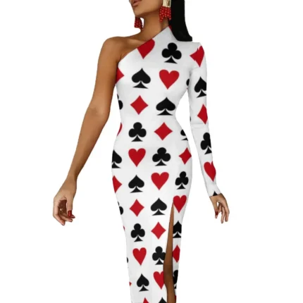 Poker Print Maxi Dress | Heart Side Split Bodycon Dress | Party Night Outfit | One-Shoulder Maxi Dress