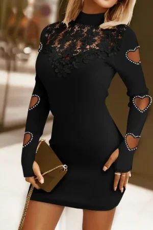 Women's Long Sleeve Mini Bodycon Dress | Beaded Hollow Heart Lace | Casual Daily Wear
