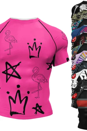 Pink Men’s Short Sleeve Jiu Jitsu BJJ No Gi Rash Guard – Sublimated Stretch Fitness & Running Training T-Shirt