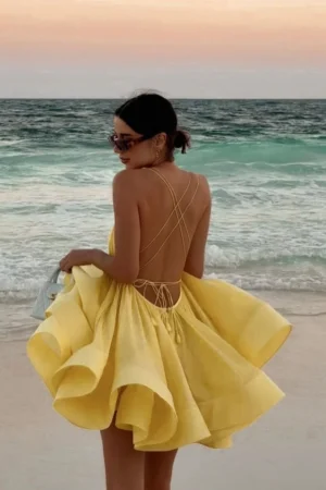 Sexy Backless Lace-up Loose Pleated Hem Mini Dress Women Sleeveless High Waist A-line Dresses 2025 New Yellow Vocation Partywear