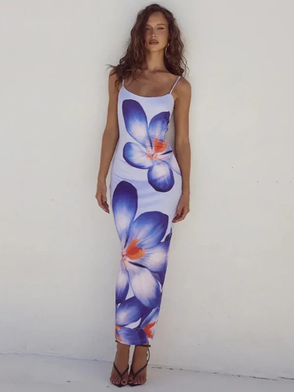 Summer Floreal Print Long Dress For Women Gown New Spaghetti Strap Sleeveless Backless Bodycon Sexy Midi Dress Elegant 6
