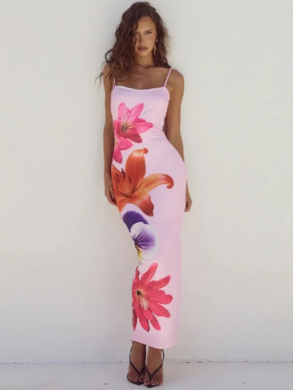 Summer Floreal Print Long Dress For Women Gown New Spaghetti Strap Sleeveless Backless Bodycon Sexy Midi Dress Elegant 3
