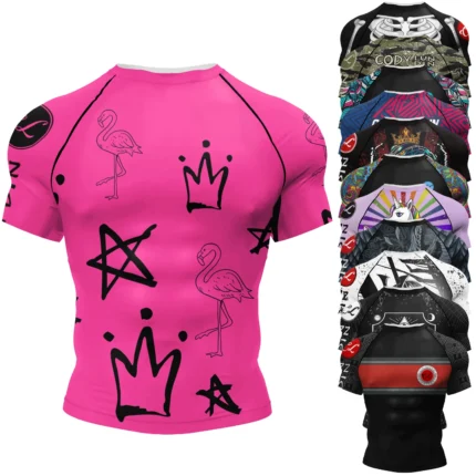 Pink Men's Short Sleeve Jiu Jitsu BJJ No Gi Rash Guard - Sublimated Stretch Fitness & Running Training T-Shirt