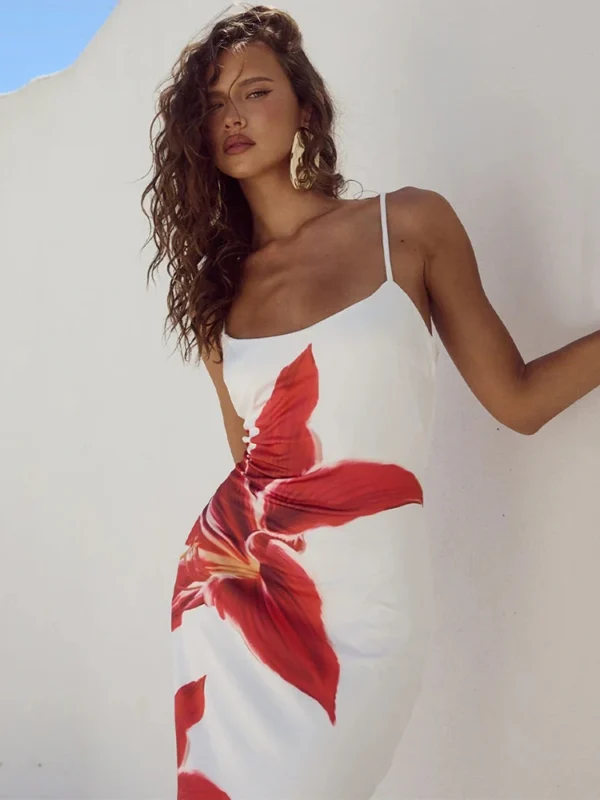 Summer Floreal Print Long Dress For Women Gown New Spaghetti Strap Sleeveless Backless Bodycon Sexy Midi Dress Elegant 2