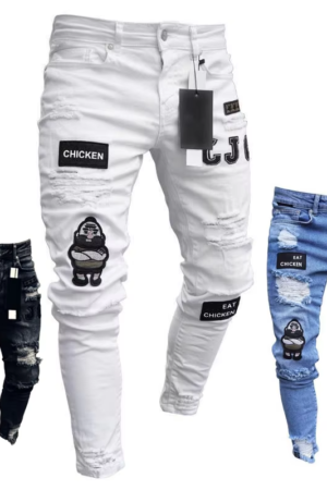 White Embroidered Ripped Skinny Jeans for Men - Stretch Slim Fit Hip Hop Denim