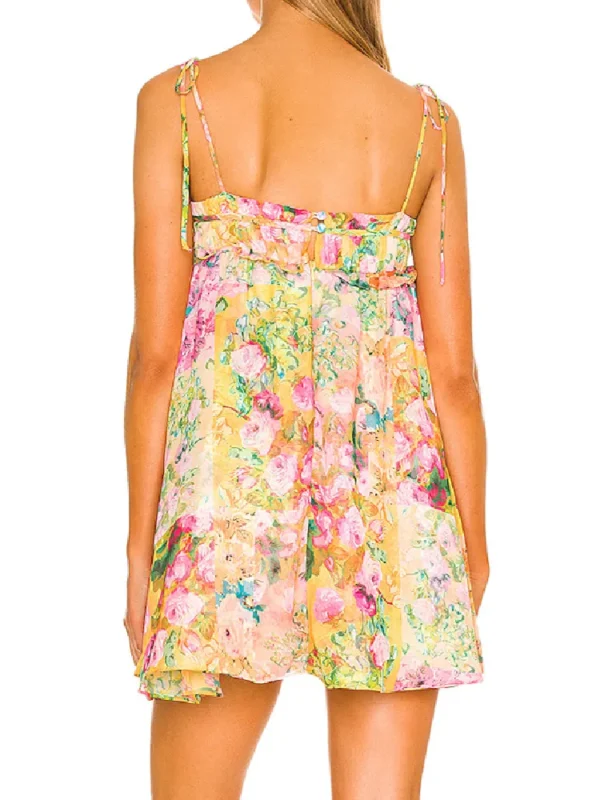 BOHO Bow Ruched Bra Corset Style Flower Print Spaghetti Strap Mini Dress Women Backless Skater Lacing up Sling Robe Holiday 3