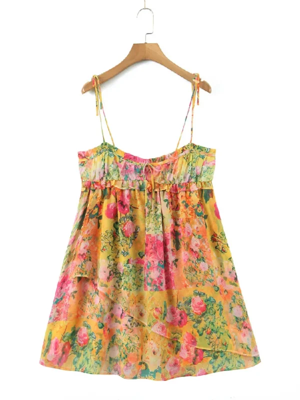 BOHO Bow Ruched Bra Corset Style Flower Print Spaghetti Strap Mini Dress Women Backless Skater Lacing up Sling Robe Holiday 6