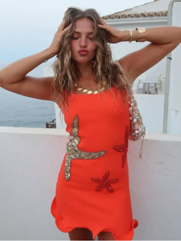 Chic Sparkling Star Print Ruffle Women Mini Dresses Elegant Sleeveless Backless Pleated Knit Prom Dresses 2025 Female Party 4