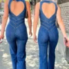 Backless Heart Cutout Denim Jumpsuit - Slim Sleeveless Bodycon One-Piece