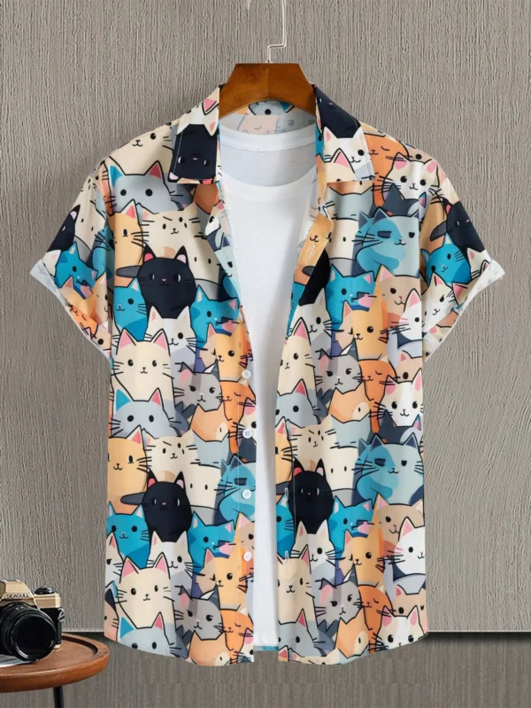 Unisex Men's Cute Cat Print 3D Printing Short Sleeve Hawaiian Shirt | Casual Harajuku Fashion