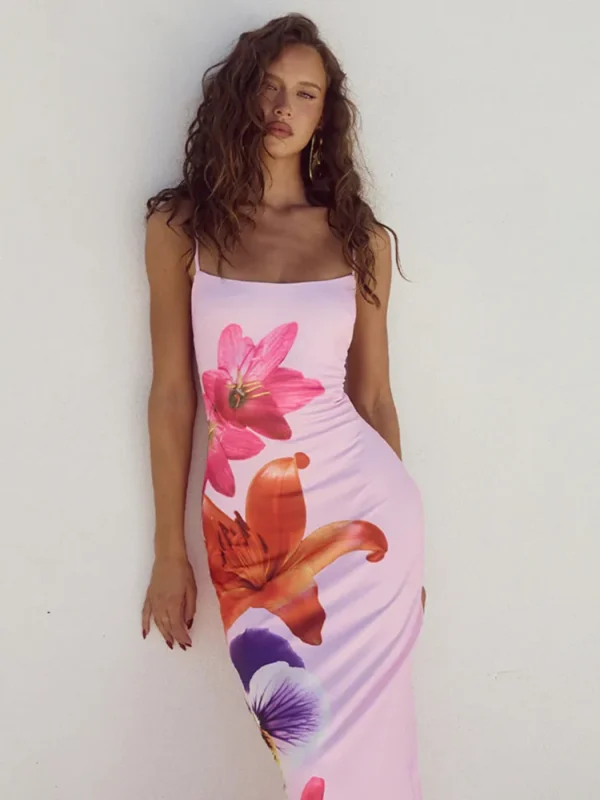 Summer Floreal Print Long Dress For Women Gown New Spaghetti Strap Sleeveless Backless Bodycon Sexy Midi Dress Elegant 4