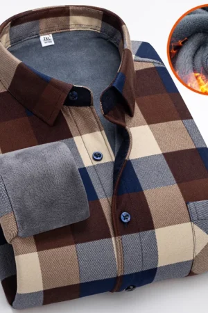 Men's Autumn Winter Thick Fleece Plaid Shirt - Warm Long Sleeve Business Casual