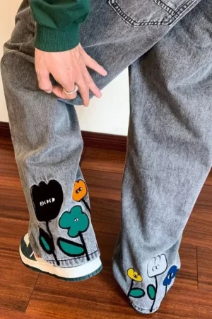 Men's Y2K Flower Printed Baggy Jeans | 2025 Streetwear Wide-Leg Denim Trousers