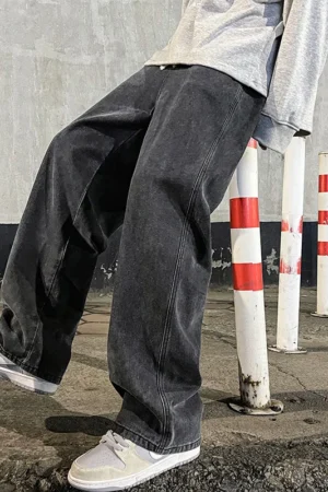 Men's Korean Style Wide Leg Jeans: Loose Fit Straight Denim, Black, Grey, Blue - Student Casual