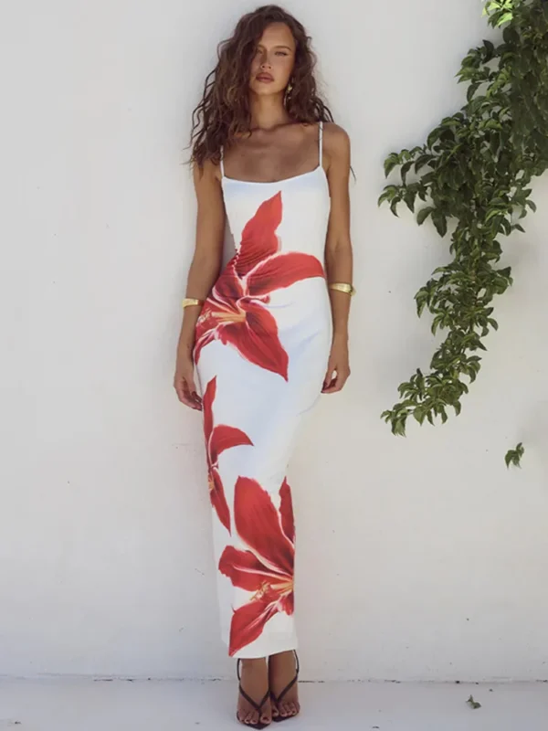 Summer Floreal Print Long Dress For Women Gown New Spaghetti Strap Sleeveless Backless Bodycon Sexy Midi Dress Elegant