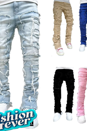Men’s Ripped Stretch Denim Jeans | Slim Fit Patchwork & Elastic Waist | Straight Leg