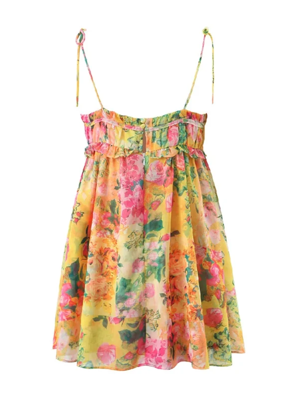 BOHO Bow Ruched Bra Corset Style Flower Print Spaghetti Strap Mini Dress Women Backless Skater Lacing up Sling Robe Holiday 5