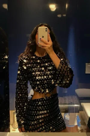 Sparkly Sequin Hollow Out Mini Dress | Long Flare Sleeve Club Vestido