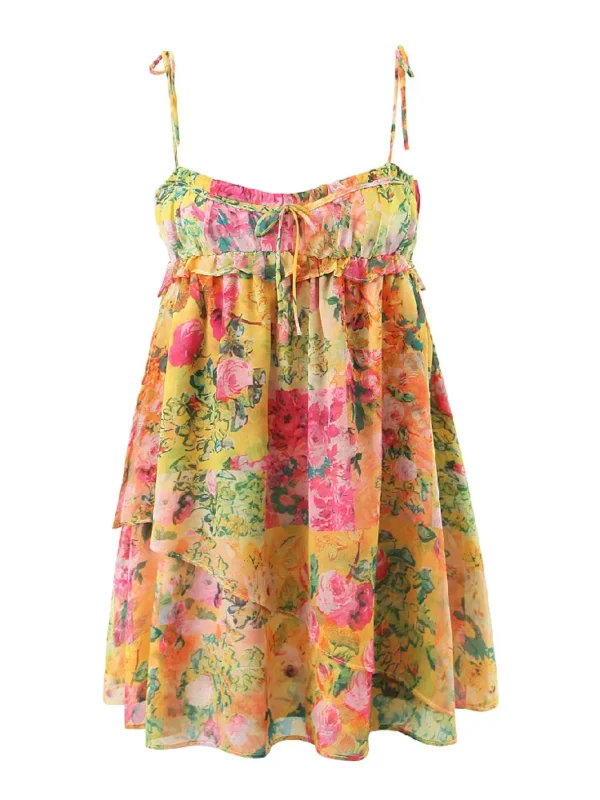 BOHO Bow Ruched Bra Corset Style Flower Print Spaghetti Strap Mini Dress Women Backless Skater Lacing up Sling Robe Holiday 4